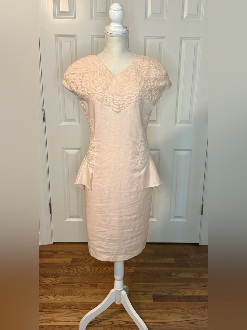 VTG 80s HaunChay Pink Linen Peplum Sheath Dress Crinkle Cap Sleeve 34" Chest S/M